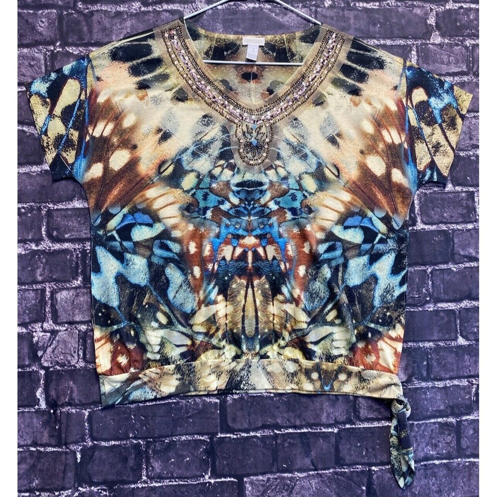 Chicos 1 Top Womens Medium Blue Brown Tie Dye Abstract Psychedelic Embellished
